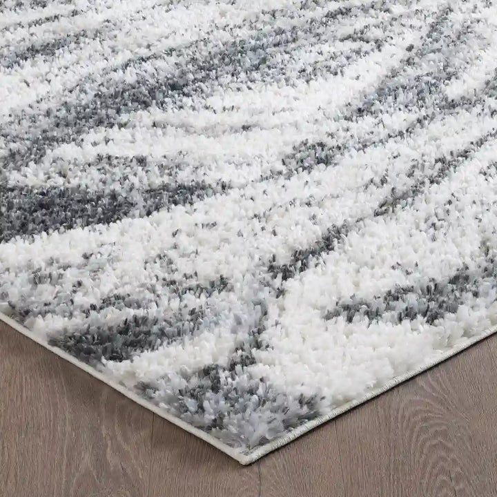 Cream Grey Wavy Brushstrokes Shag Rug