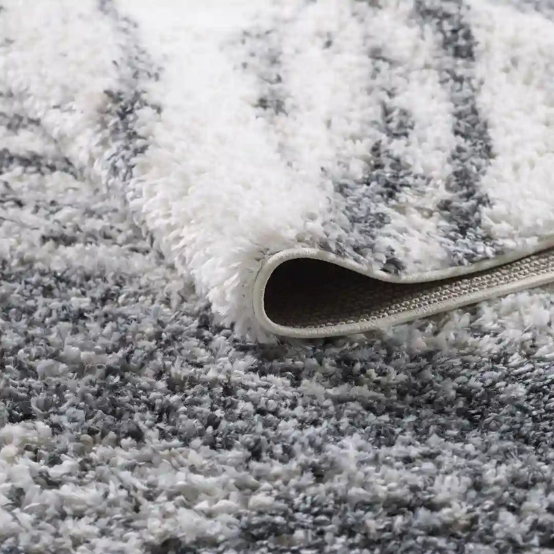 Cream Grey Wavy Brushstrokes Shag Rug