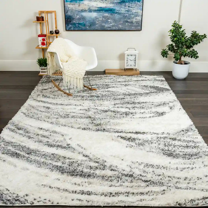Cream Grey Wavy Brushstrokes Shag Rug