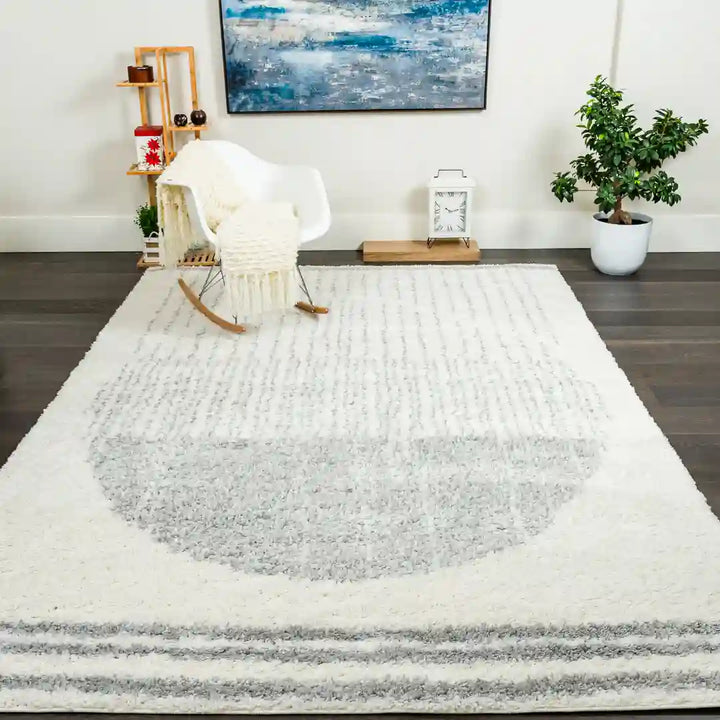Cream Grey Modern Circle Shag Rug