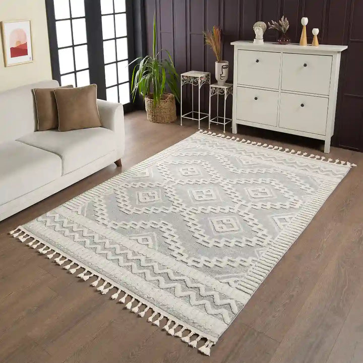 Grey Cream Moroccan Geometric Rug