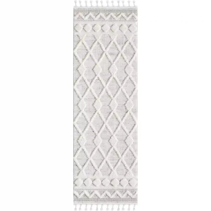 Off-White Beige Diamond Lattice Moroccan Shag Rug