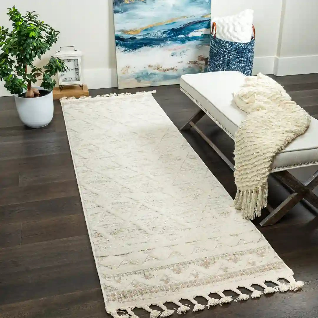 Off-White Beige Diamond Lattice Moroccan Shag Rug