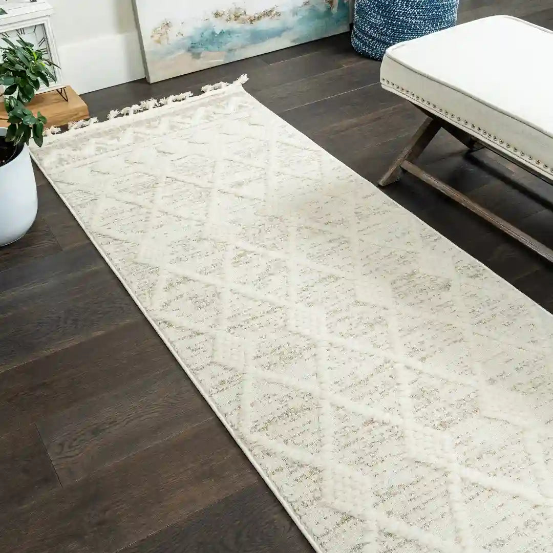 Off-White Beige Diamond Lattice Moroccan Shag Rug
