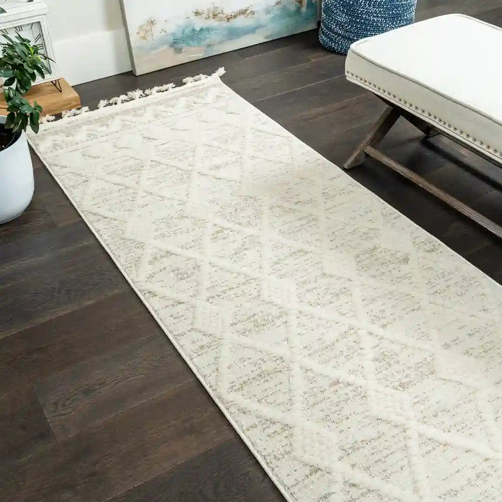 Off-White Beige Diamond Lattice Moroccan Shag Rug