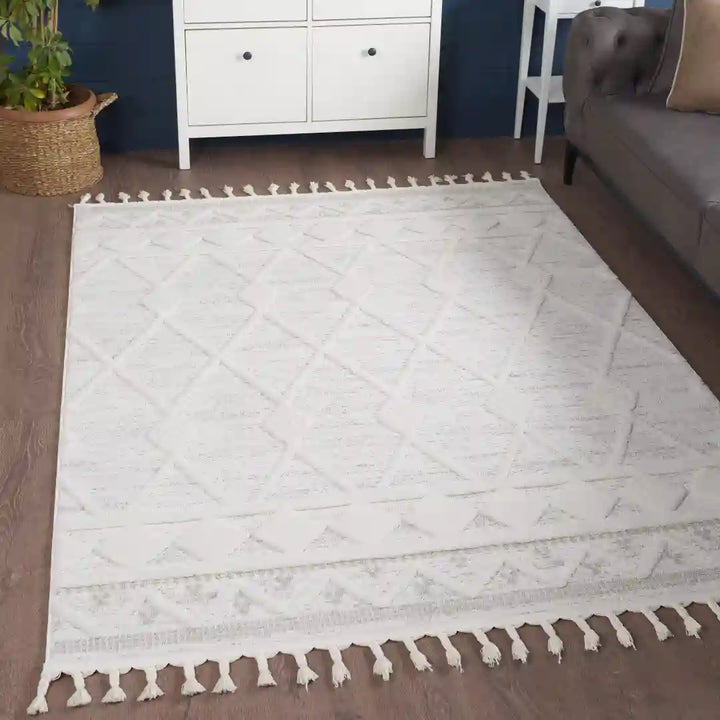 Off-White Beige Diamond Lattice Moroccan Shag Rug