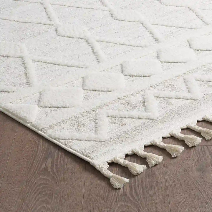 Off-White Beige Diamond Lattice Moroccan Shag Rug