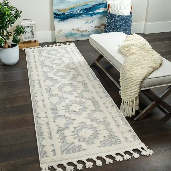 Off-White Grey Modern Medallion Shag Rug