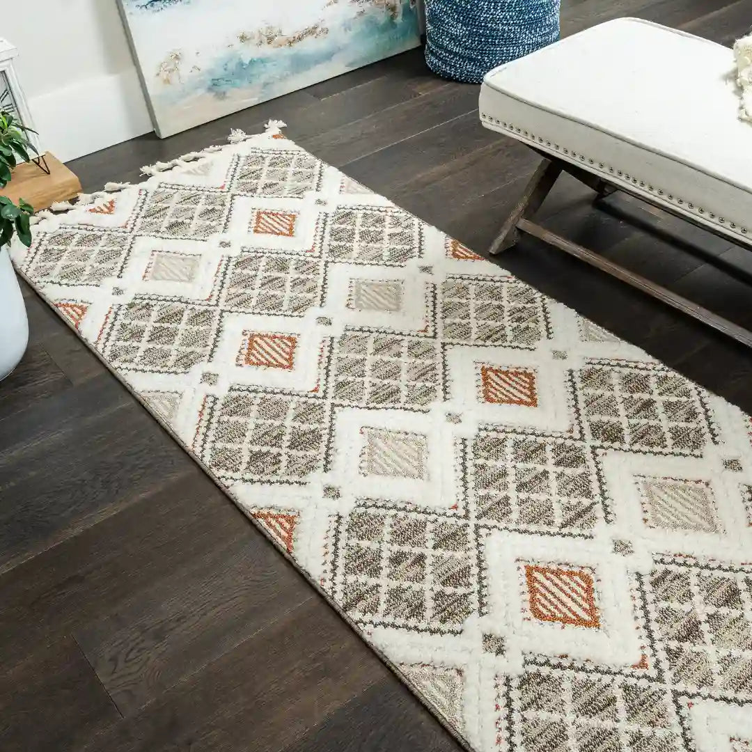 Brown Cream Moroccan Diamond Trellis Shag Rug