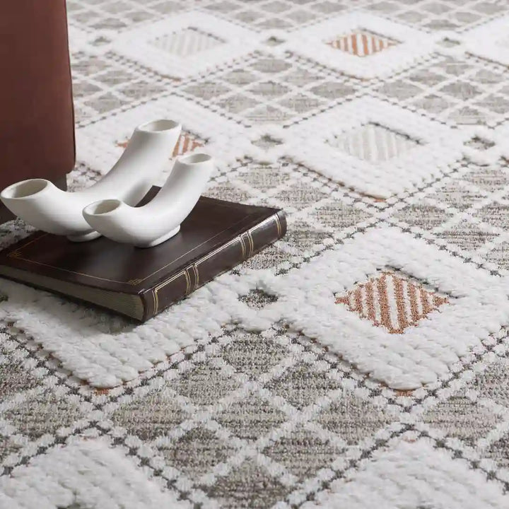 Brown Cream Moroccan Diamond Trellis Shag Rug