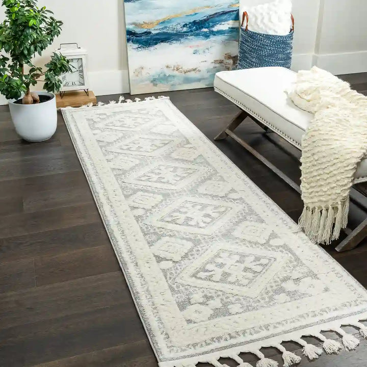Off-White Grey Geometric Medallion Shag Rug