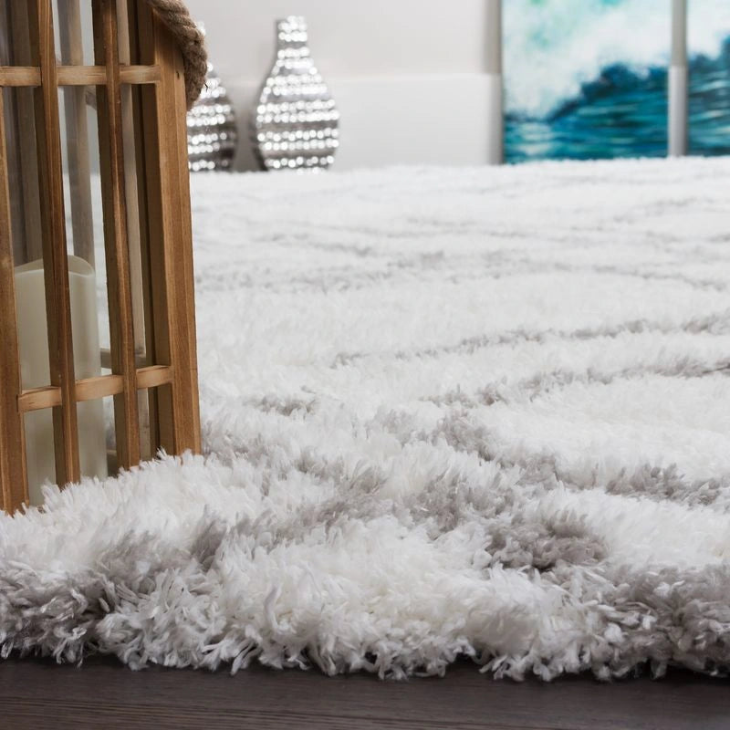 White Grey Lattice Lines Moroccan Shag Rug
