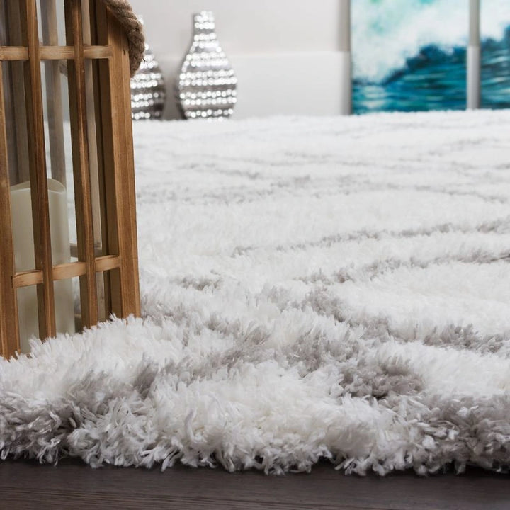White Grey Lattice Lines Moroccan Shag Rug