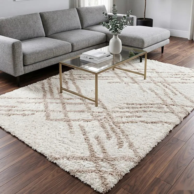 Cream Beige Lattice Lines Moroccan Shag Rug