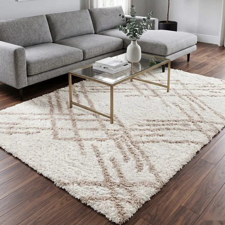 Cream Beige Lattice Lines Moroccan Shag Rug