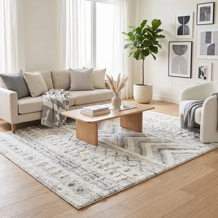 Cream Grey Modern Moroccan Shag Rug