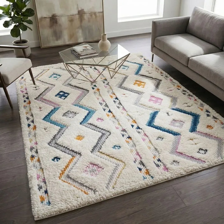 Off-White Multicolor Chevron Shag Rug