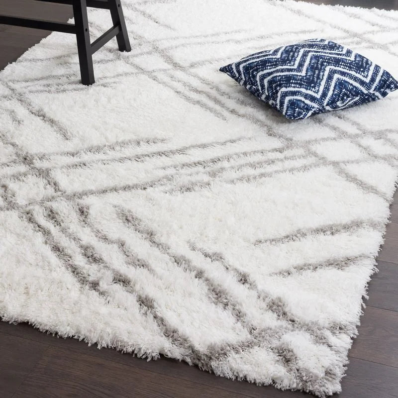 White Grey Lattice Lines Moroccan Shag Rug
