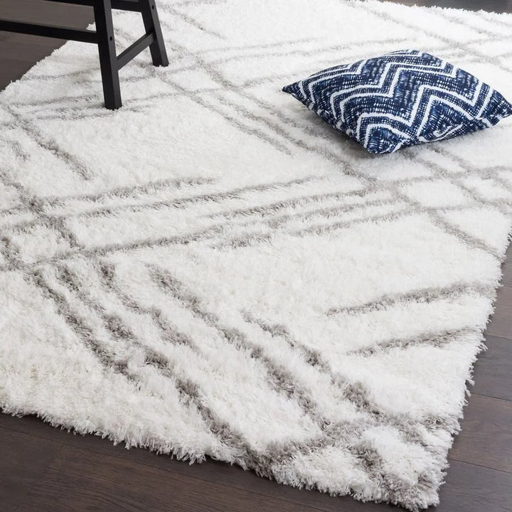 White Grey Lattice Lines Moroccan Shag Rug