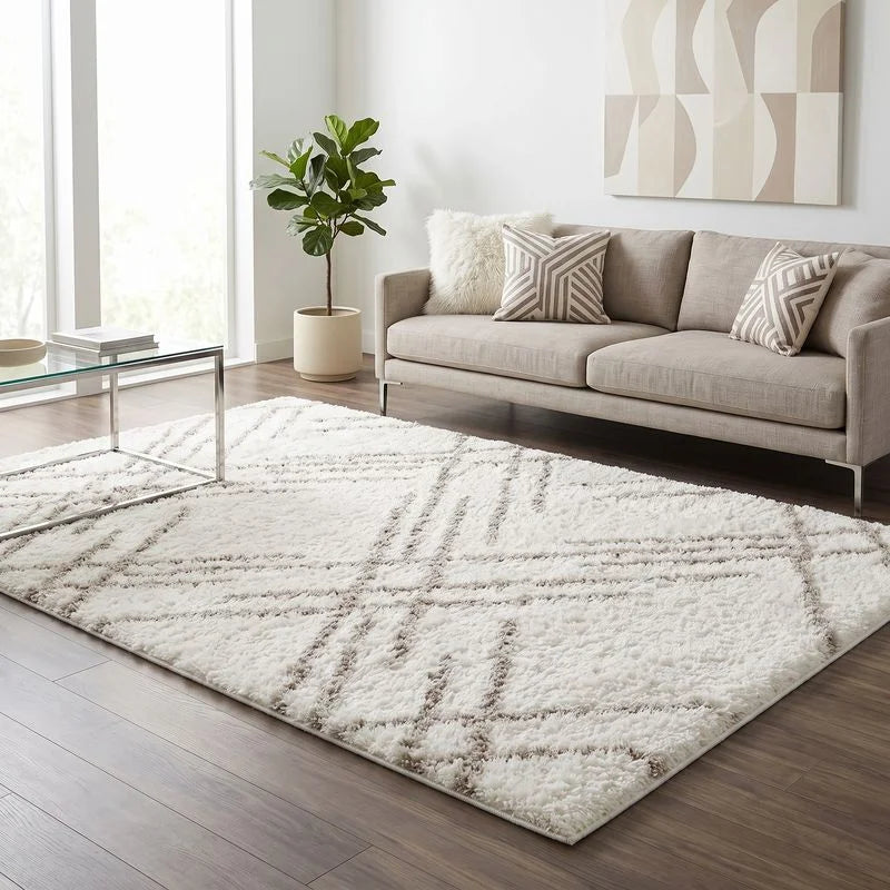 White Grey Lattice Lines Moroccan Shag Rug