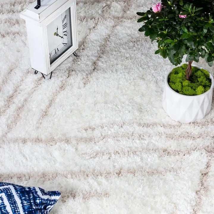 Cream Beige Lattice Lines Moroccan Shag Rug