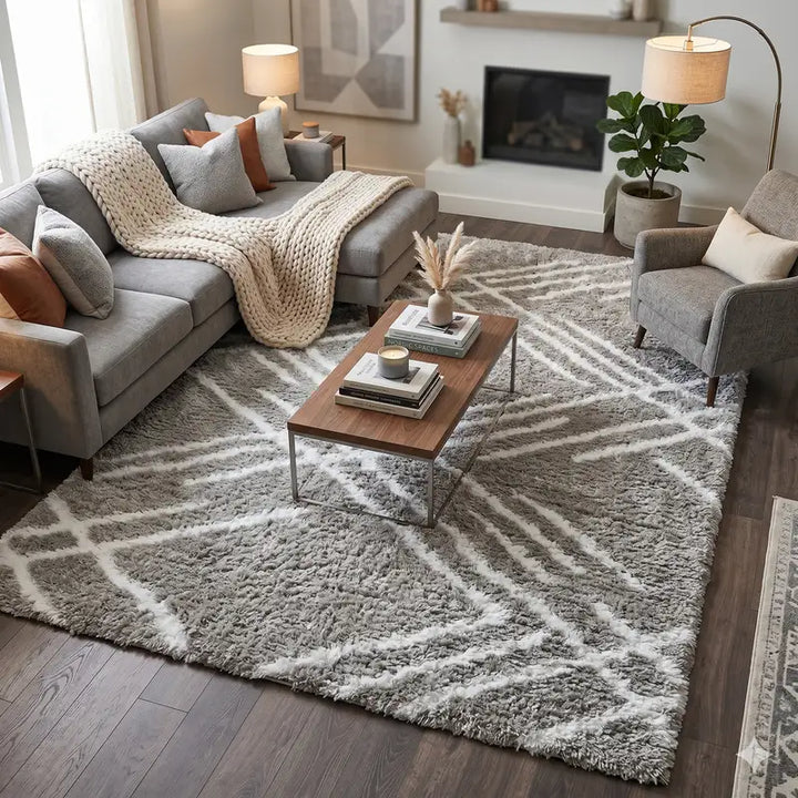 Grey White Lattice Lines Moroccan Shag Rug