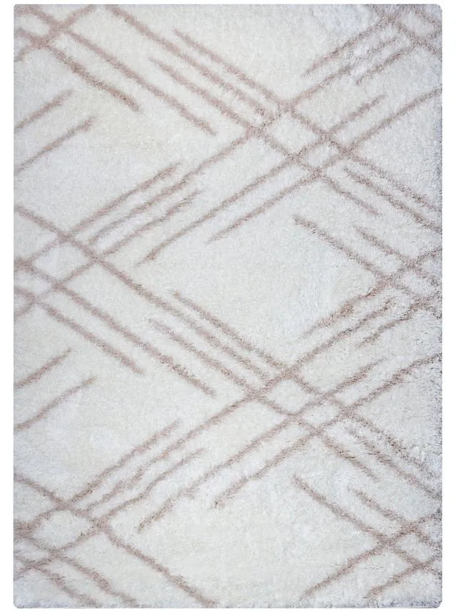 Cream Beige Lattice Lines Moroccan Shag Rug