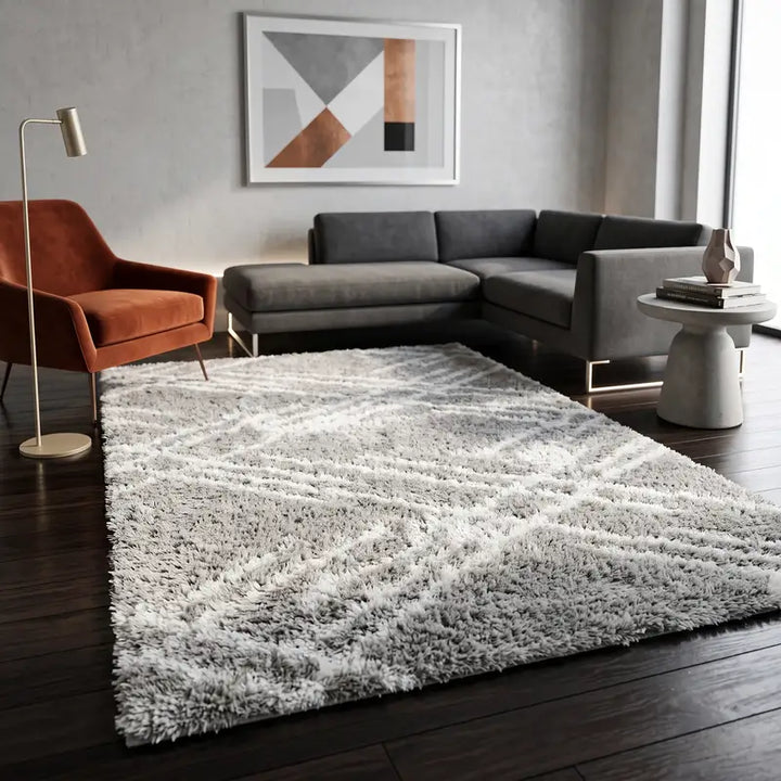 Grey White Lattice Lines Moroccan Shag Rug
