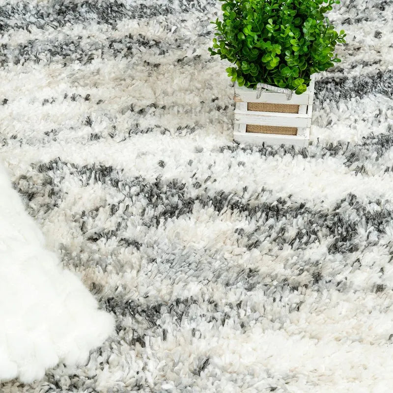 Cream Grey Wavy Brushstrokes Shag Rug