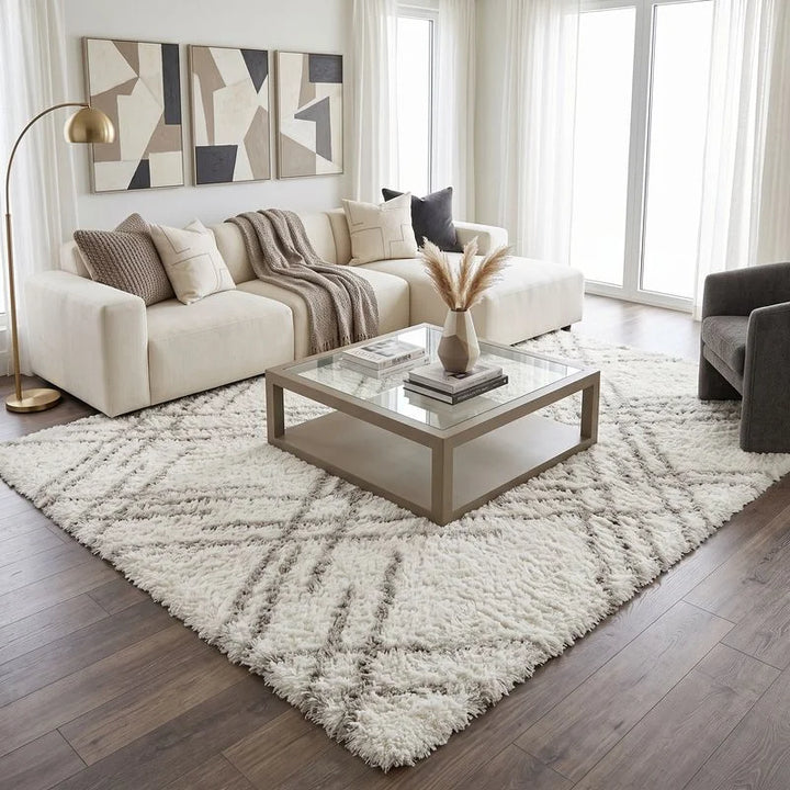 White Grey Lattice Lines Moroccan Shag Rug
