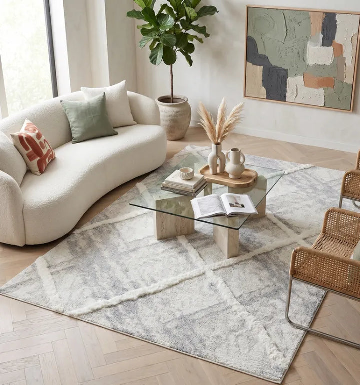 Cream Grey Trellis Moroccan Lines Shag Rug