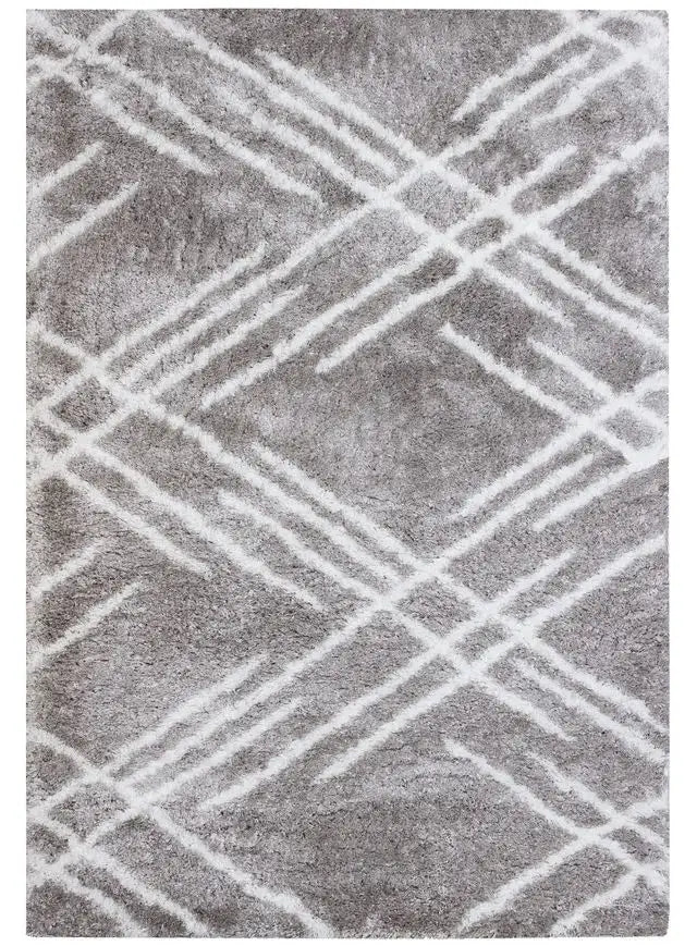 Grey White Lattice Lines Moroccan Shag Rug