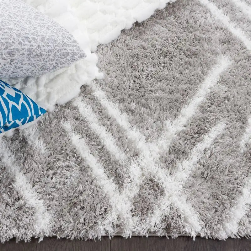 Grey White Lattice Lines Moroccan Shag Rug