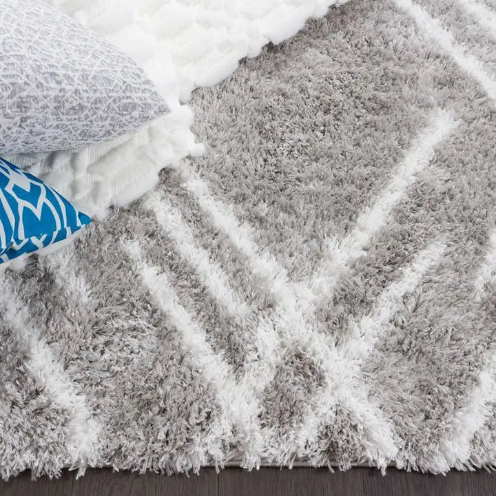 Grey White Lattice Lines Moroccan Shag Rug