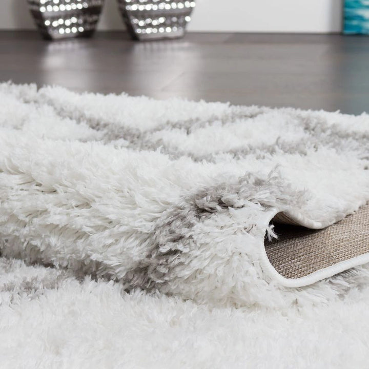 White Grey Lattice Lines Moroccan Shag Rug