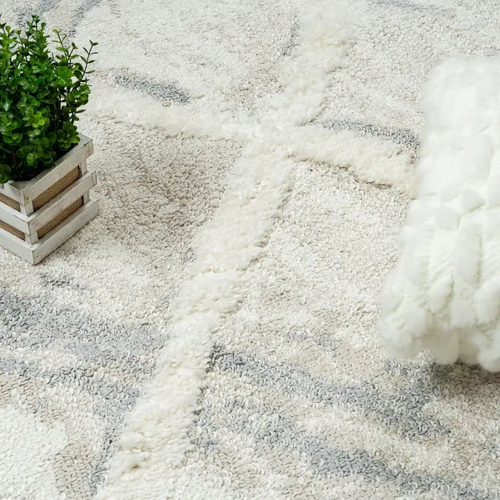 Cream Grey Trellis Moroccan Lines Shag Rug