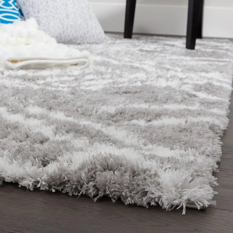 Grey White Lattice Lines Moroccan Shag Rug
