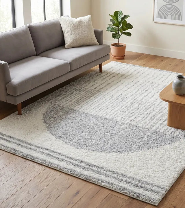 Cream Grey Modern Circle Shag Rug